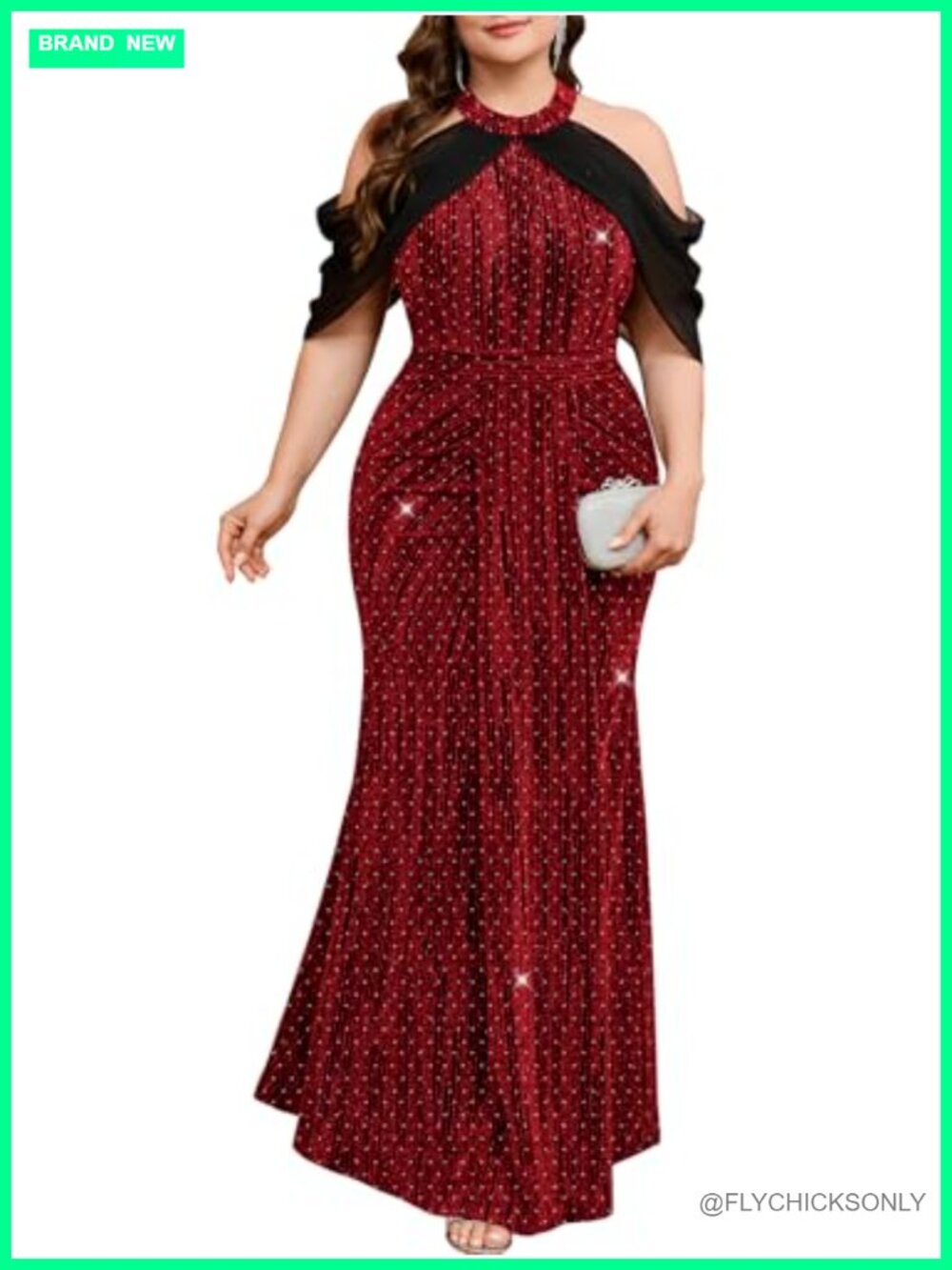 Plus Size Sparkly Mermaid Maxi Evening Gown Halter Neck with Cape